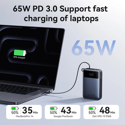 Vention 65W Power Bank 20000mAh Built-in USB-C Cable Portable Powerbank for Laptop PD Fast Charger for iPhone 17 Samsung S25 S24