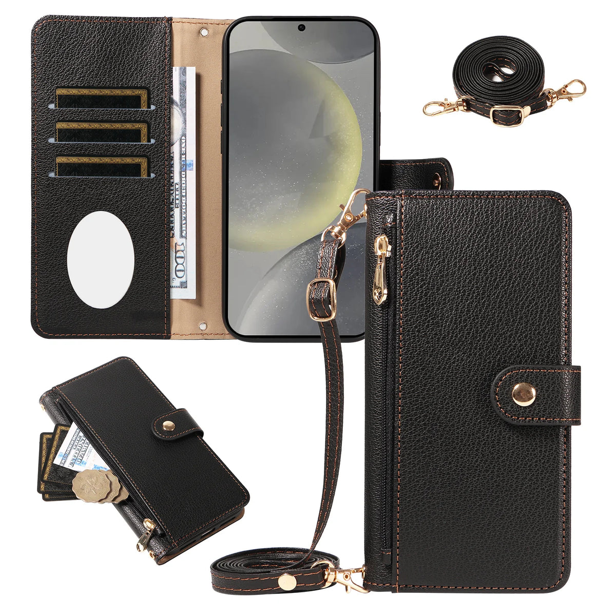 For Samsung S26 Ultra/S25/S24/S23/S22/S21/S20Fe Multifunctional Protective Case, Wallet-Style Cross-Shoulder Phone Case with Makeup Mirror and Card Slot, Faux Leather Phone Protective Cover