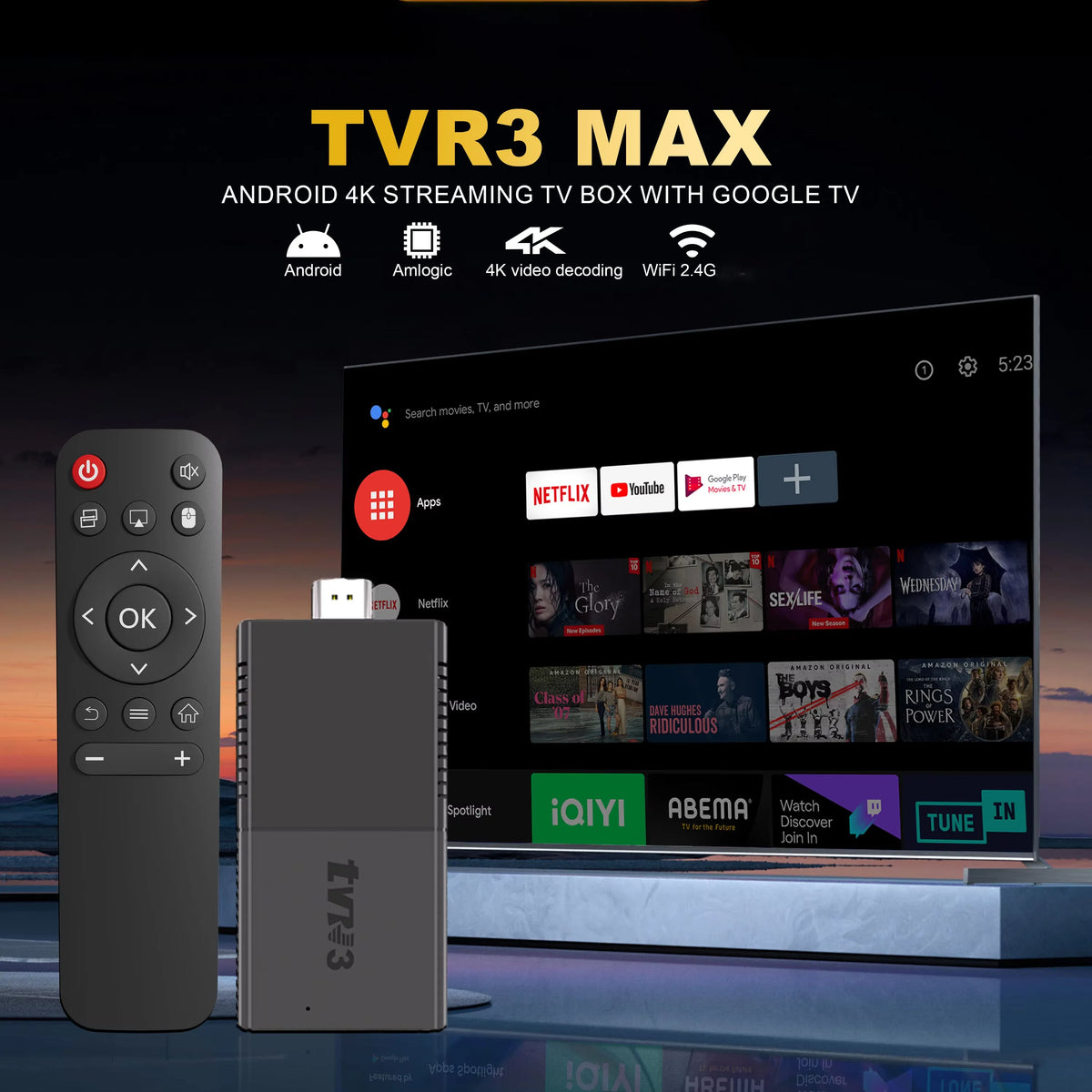 TVR3 Max TV Stick 8+128GB Android 14 Smart 4K H.265 Decode Player Dual WiFi Quad-Core Supports Netflix & YouTube Home Theater
