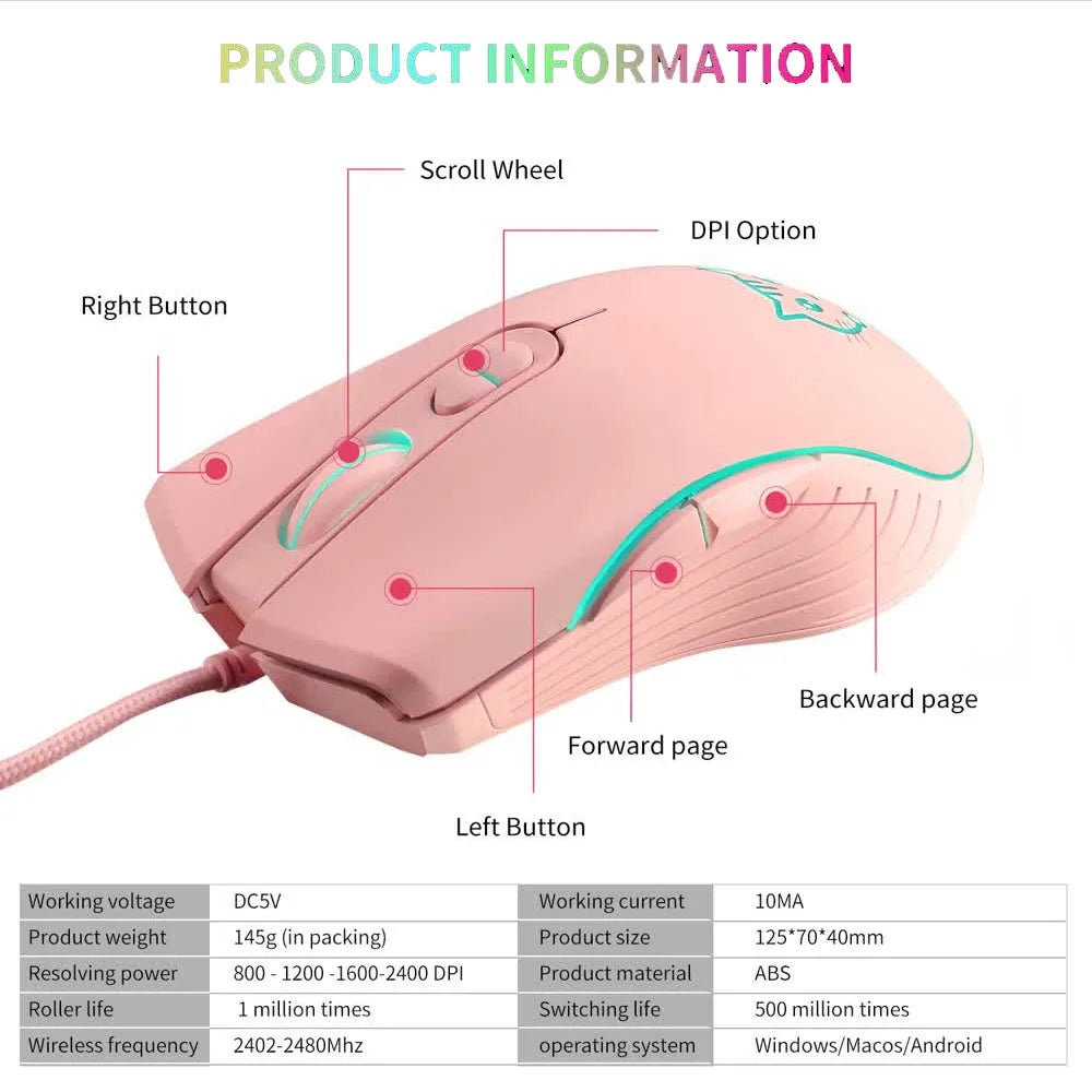 Wired USB Gaming Mouse Pink Computer Professional E-sports Mause 2400 DPI Colorful Backlit Silent Mice for Laptop Pc Mac