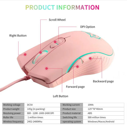 Wired USB Gaming Mouse Pink Computer Professional E-sports Mause 2400 DPI Colorful Backlit Silent Mice for Laptop Pc Mac