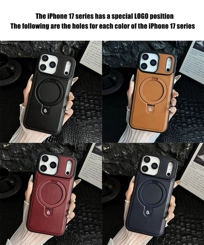 Luxury Magnetic Stand Ring PU Leather Case For iPhone 17 Air 16 Pro Max 15 14 13 12 Magsafe Wireless Charging Hollow Logo Cover
