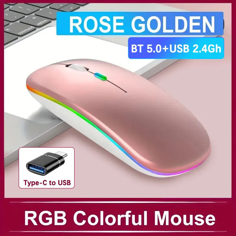 Wireless Rechargeable Mouse With LED Backlight  Bluetooth With Type-C Adapter Gaming Mouse Suitable For MAC/Laptop/PC/Windows