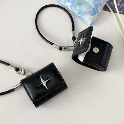 Stylish Luxury Metal North Star Faux Leather Shockproof Protective Cover Case For AirPods 1 2 3 4 5 Pro 2 Pro 3 with Lanyard