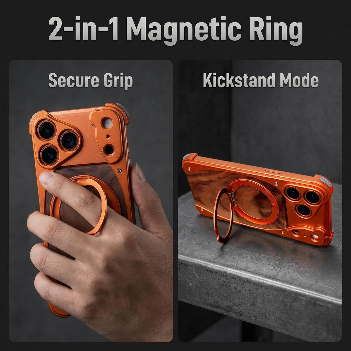 Luxury Metal Frame Walnut Wood Frameless Phone Case For iPhone 17 16 15 14 Pro Max Magsafe Magnetic 360 Rotating Bracket Cover