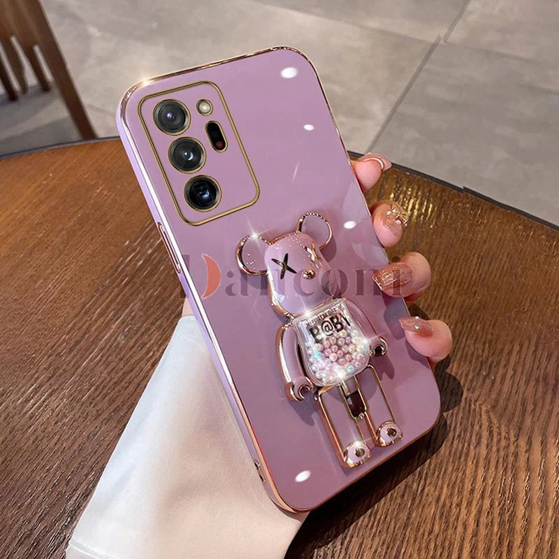 Cartoon Bear Lanyard Plating Phone Stereoscopic Holder Case For Samsung Galaxy Note 20 Ultra Note 10 Lite 8 9 M30S M42 M54 Cover