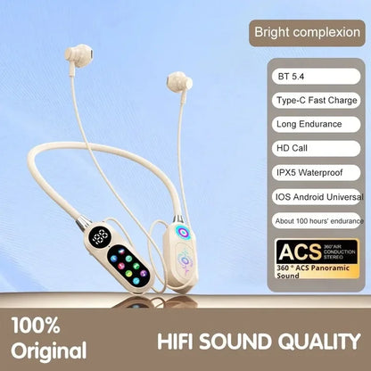 HD Screen Earphones Bluetooth 5.4 Headphones Neckband Headsets TWS Wireless Earbuds HiFi Stereo Voice Assistant Support TF Play