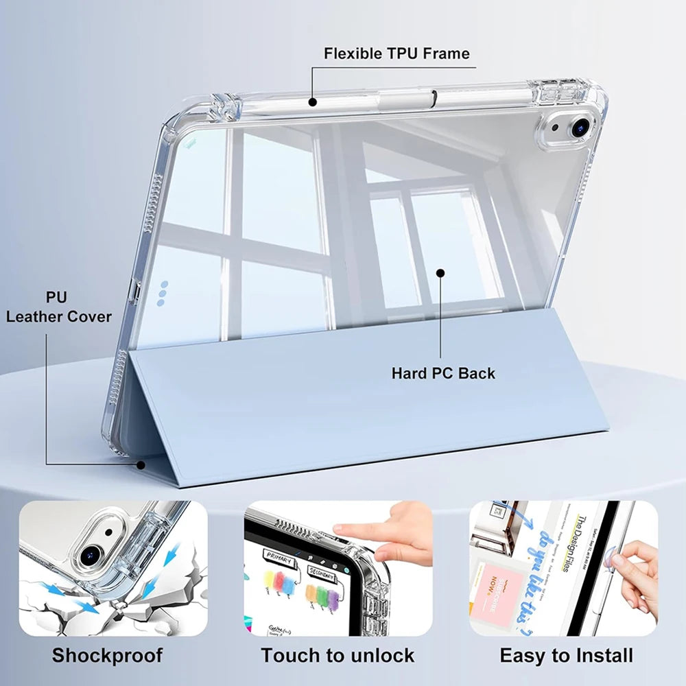 Crystal Clear Case For iPad 5 6 7 8 9 10 11 Air 11 13 inch /Mini 6th 7th gen /Pro 11 12.9 (3rd/4th/5th/6th gen) with pen holder