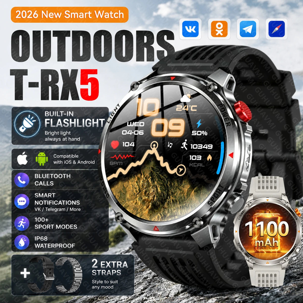 New Men Outdoor Military 1100mAh Large Battery Smart Watch Compass GPS Track IP68 Waterproof LED Flashlight BT Call Smartwatch