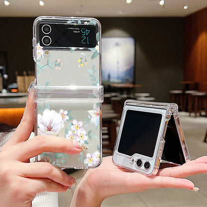Flowers Pattern Clear Case For Samsung Galaxy Z Flip 8 7 FE 6 5 4 3 5G Folding Hard Phone Cover For Samsung Z Flip8 Flip6 Flip7