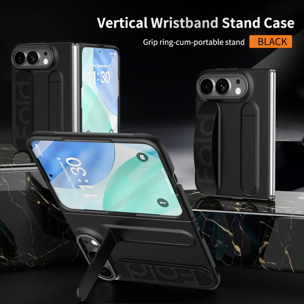 For iPhone Duo Cases Luxury Wrist Strap Bracket Stand Holder Case for iPhone Duo 18 Fold Solid Color Built-in Front Film Cover