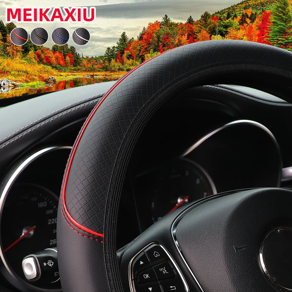 A Leather Embossed Red Blue Strip Trim Car Without Inner Ring Steering Wheel Cover Fits 14.5-15" 37-38cm Car Interior Supplies