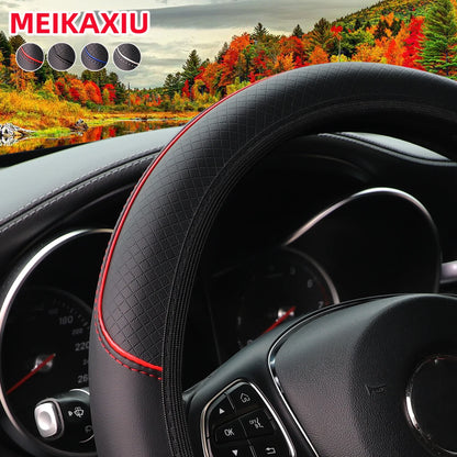 A Leather Embossed Red Blue Strip Trim Car Without Inner Ring Steering Wheel Cover Fits 14.5-15" 37-38cm Car Interior Supplies