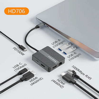 Blueendless USB C Hub 7In1 USB3.2 Adapter Type C Hub Laptop Docking Station with 4K 60Hz Dual HDTV RJ45 Ethernet PD Fast Chargin