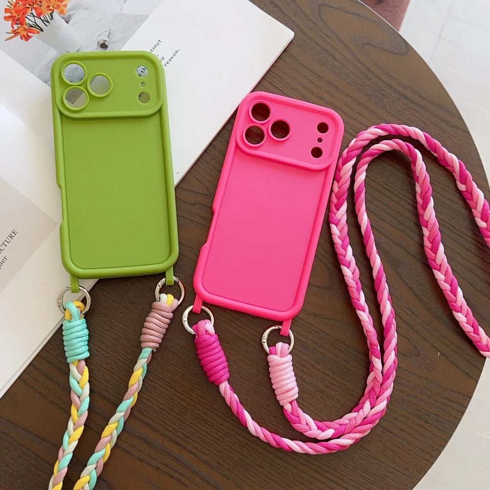 Crossbody Lanyard Braided Cord Liquid Silicone Case For iPhone 16 17 Pro Max 15 14 13 12 11 XR XS 7 8 Plus Necklace Strap Cover