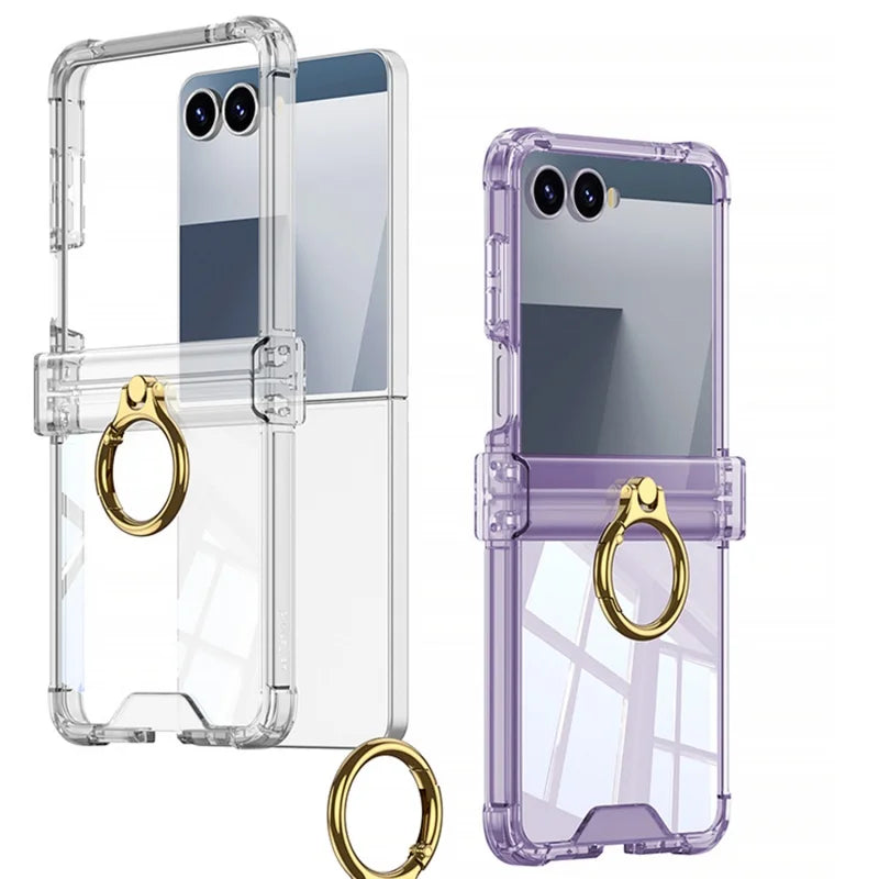 Luxury Airbag Hinge Protection Ring Holder Phone Case For Samsung Galaxy Z Flip 8 7 6 5 Z Flip7 FE Flip 8 Clear Shockproof Cover