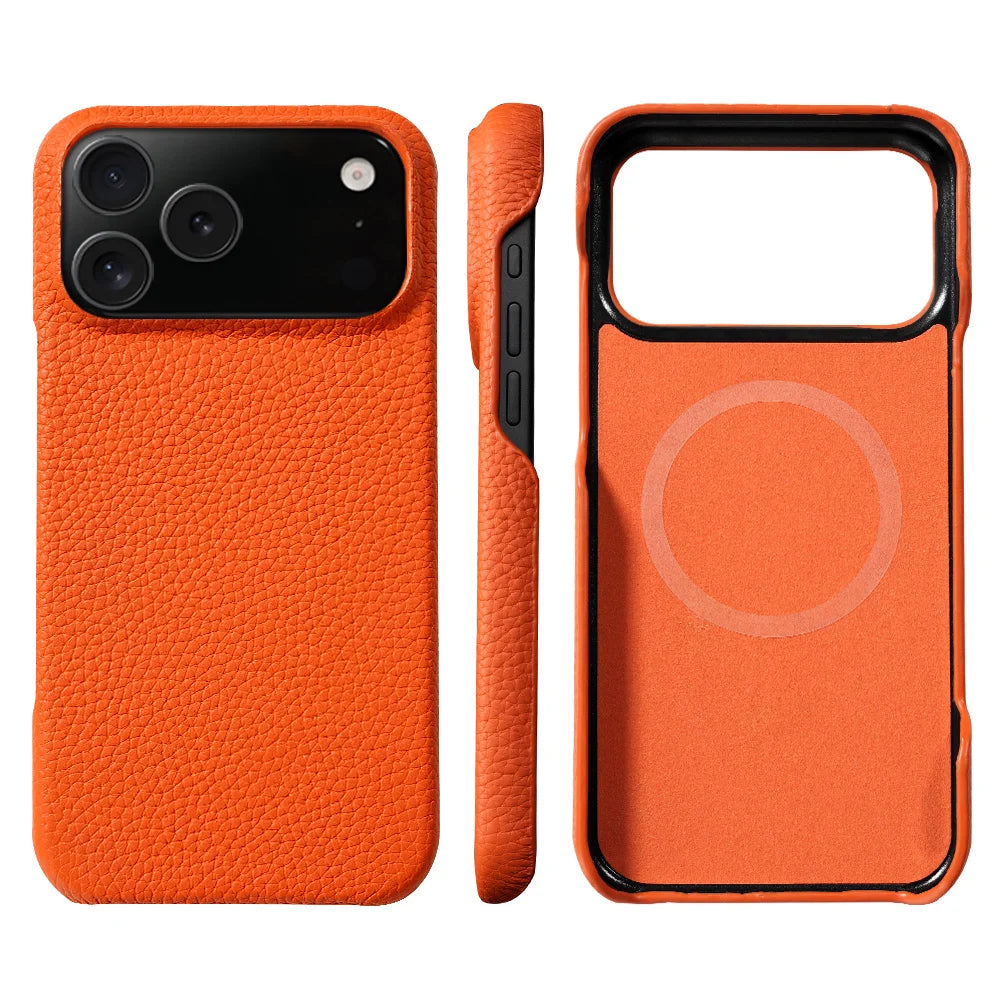 for Magsafe Case for iPhone 17 Air 15 16 Pro Max 17Pro Lychee Natural Cowhide Leather Magnetic Protector Luxury Phone Back Cover