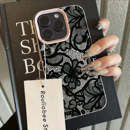 Black Lace Pattern Phone Case For iPhone 17 Pro Max 16 15 14 Plus 13 12 11 Pro Max 16E 17Air X XR XS Max Shockproof Soft Cover