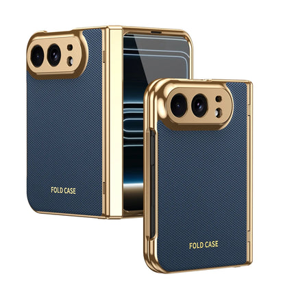 KEYSION Luxuxy PU Leather Fold Phone Case for iPhone Duo Plating Hard PC Shockproof Back Cover With Hinge+HD Screen Protector