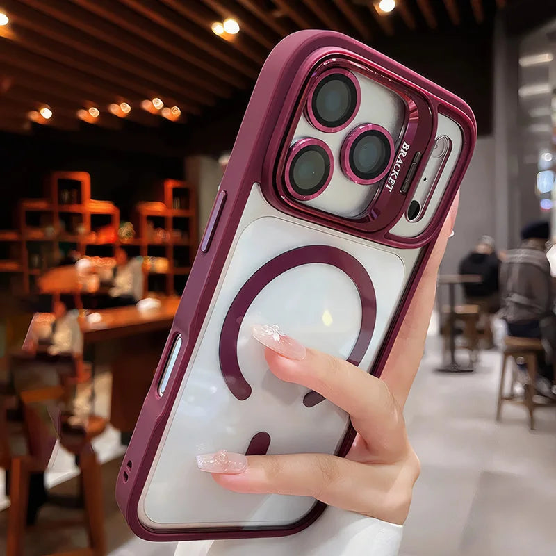 Luxury for Magsafe Magnetic attraction Bracket Case for IPhone 17 16 15 13 12 Pro Max 14 Plus Lens Holder Protection Clear Cover