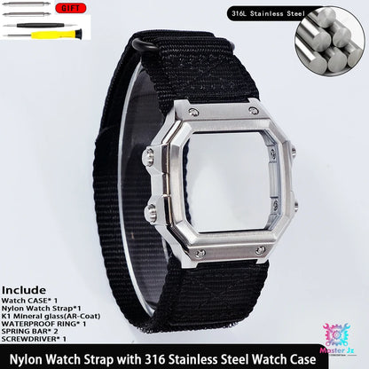 Nylon Strap For Casio AE1200 Square Watch 18mm Quick Release Breathable Sport Band With 316 Stainless Steel Case Waterproof Ring