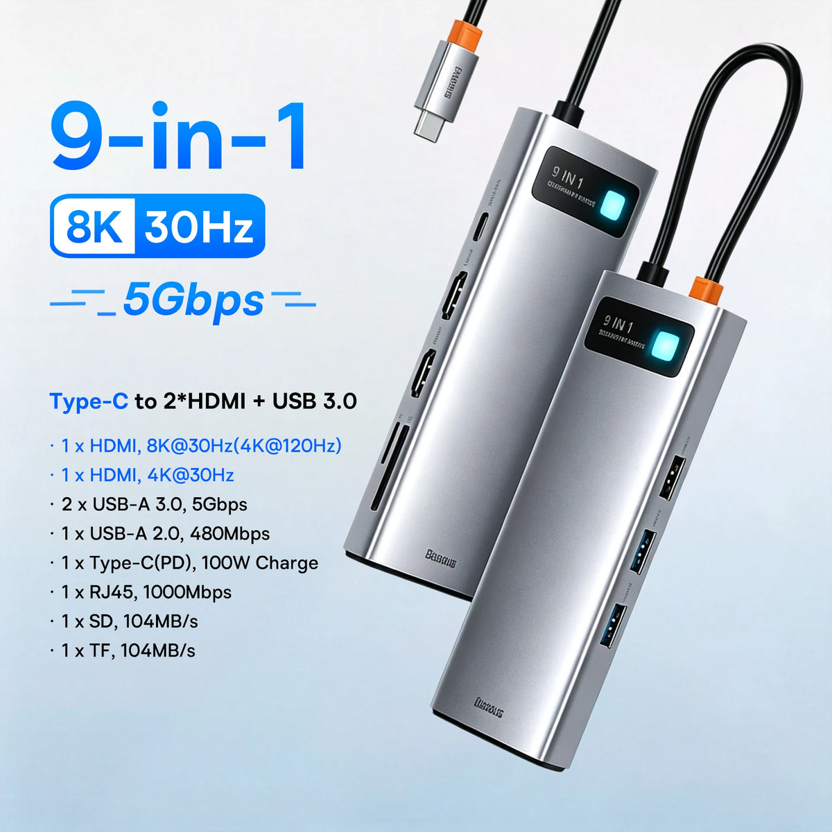 Baseus 13-in-1 USB C HUB to 2*HDMI 1*DP 4K@60Hz 1*VGA Quadruple Display USB 3.2 Adapter with RJ45 SD TF 3.5mm PD 100W Type C Hub