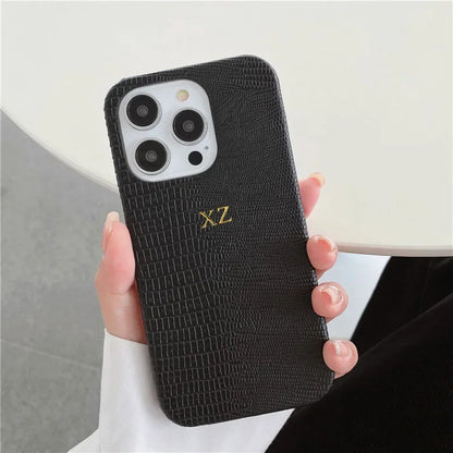 Personalise Gold Initials Letters Leather Cases For iPhone 17 Pro Max 16 Pro 15 14 13 Pro Max Luxury Lizard PU Hard Cover
