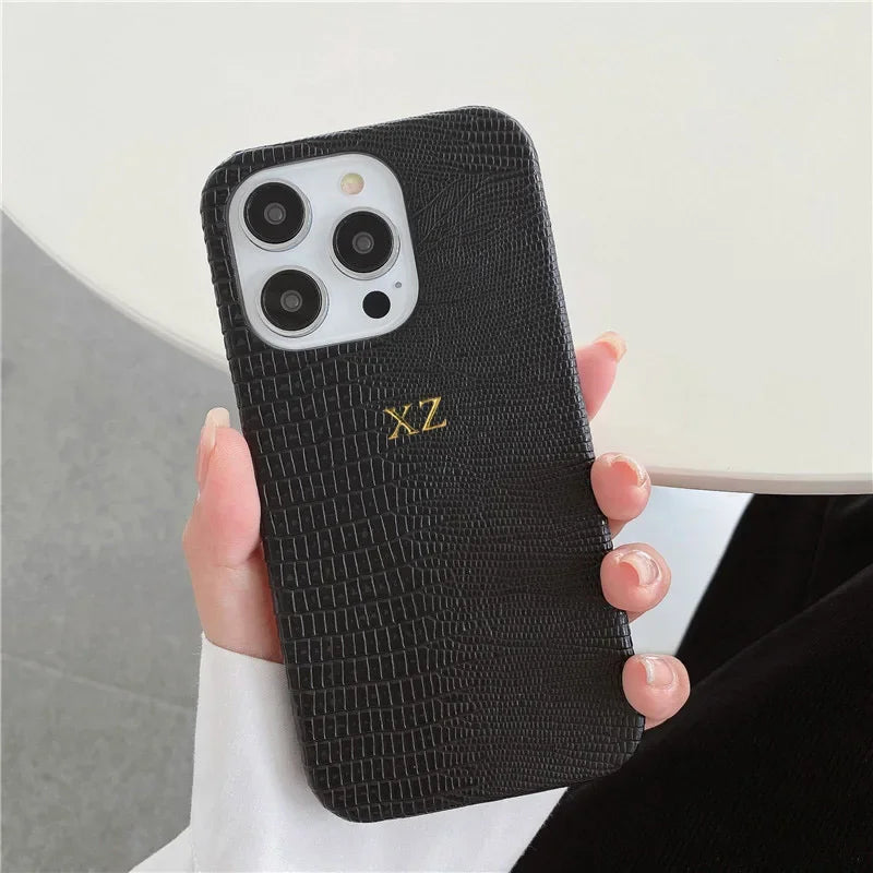 Personalise Gold Initials Letters Leather Cases For iPhone 17 Pro Max 16 Pro 15 14 13 Pro Max Luxury Lizard PU Hard Cover