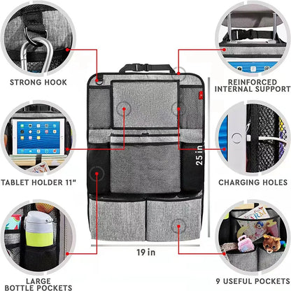 Car Rear Seat Organizer Storage Bag with Touch Screen Tablet Stand, Anti Kick Pad, Rear Seat Protector, Storage Bag