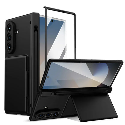Hinge Wallet Card Slot Bracket Phone Case For Samsung Galaxy Z Fold 8Ultra 7 6 5 With Screen Glass Protect Film S Pen Slot Cover