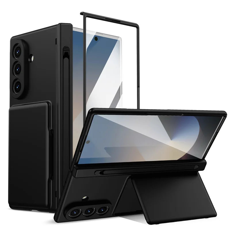 Hinge Wallet Card Slot Bracket Phone Case For Samsung Galaxy Z Fold 8Ultra 7 6 5 With Screen Glass Protect Film S Pen Slot Cover