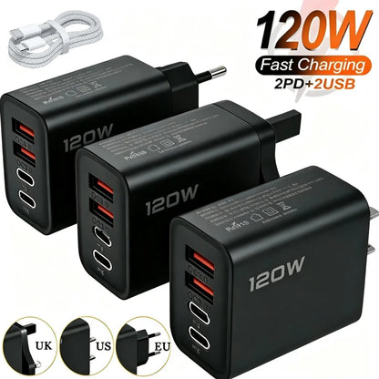 120W 4 Ports USB Charger Fast Charge Phone Charger Adapter Type C Cable For iPhone Samsung Xiaomi EU/US/UK Plug Wall Charger