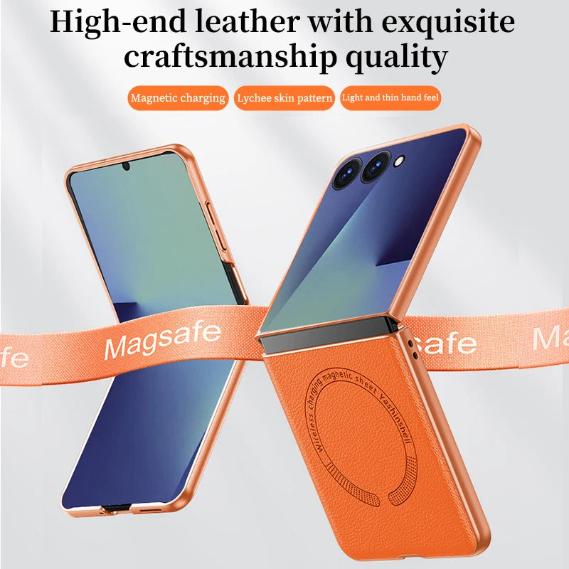 For Magsafe Magnetic Leather Phone Case for Samsung Galaxy Z Flip 8 7 6 5 4 ZFlip 7FE 5G Wireless Charging Protective Back Cover