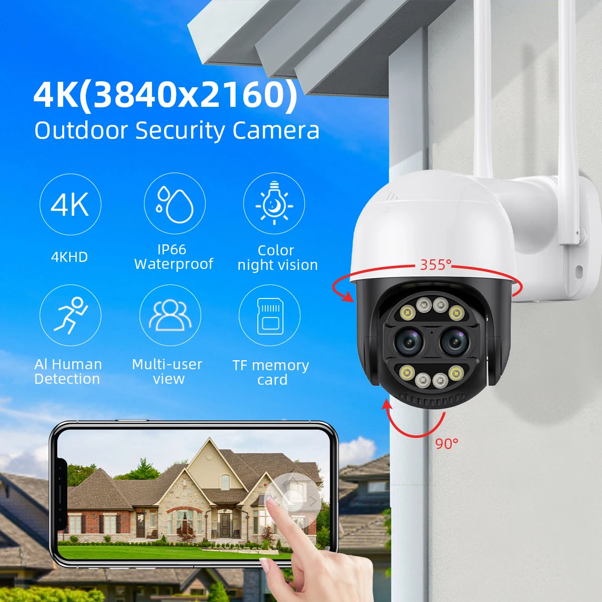 8X Digital Zoom 8MP PTZ WiFi Camera Dual Lens Night Vision Human Detection CCTV Video Surveillance Camera 4K Security IP Camera