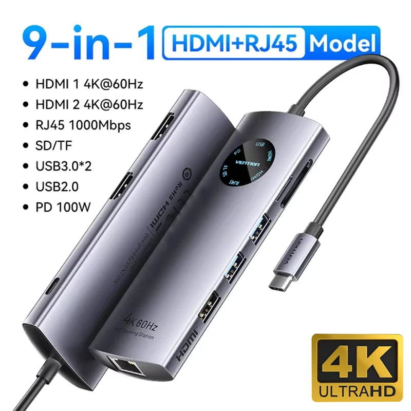 Vention 10 in 1 USB HUB HDMI DP 4K@60Hz Adapter RJ45 Splitter Type C HUB 3.0 PD 100W Charger Docking Station for MacBook Laptop