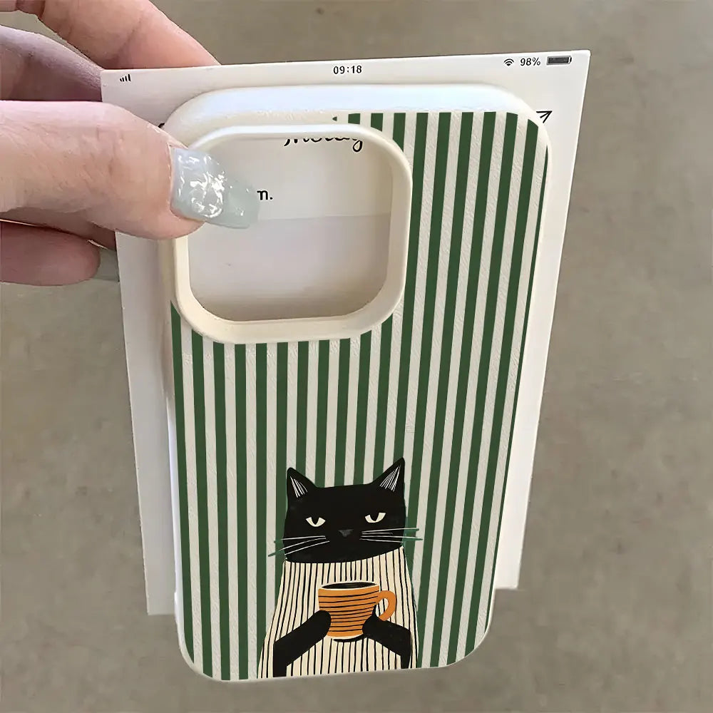 Funny Coffee Cat Pattern Lychee Soft Phone Case For iPhone 17 16 15 14 13 12 11 Pro Max 15 Plus 17 Air X Xs XR Shockproof Cover
