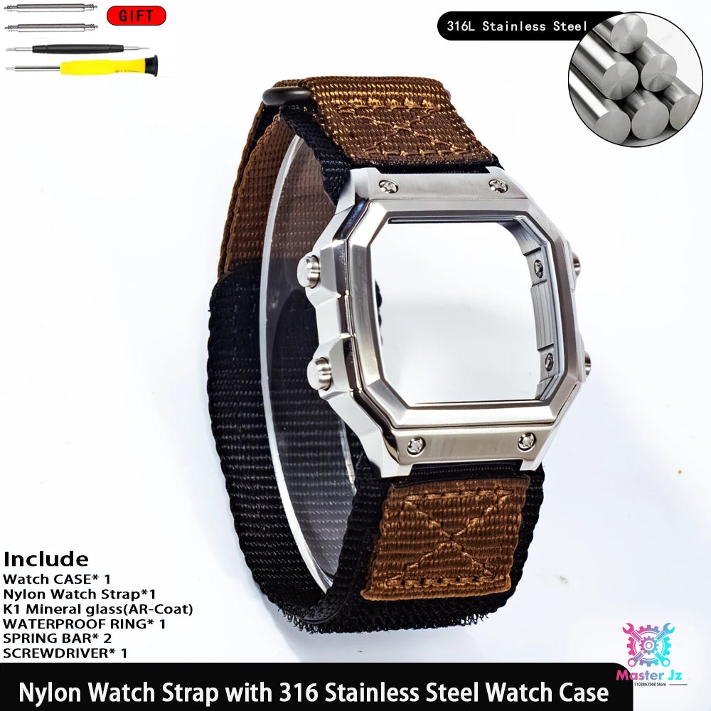 Nylon Strap For Casio AE1200 Square Watch 18mm Quick Release Breathable Sport Band With 316 Stainless Steel Case Waterproof Ring