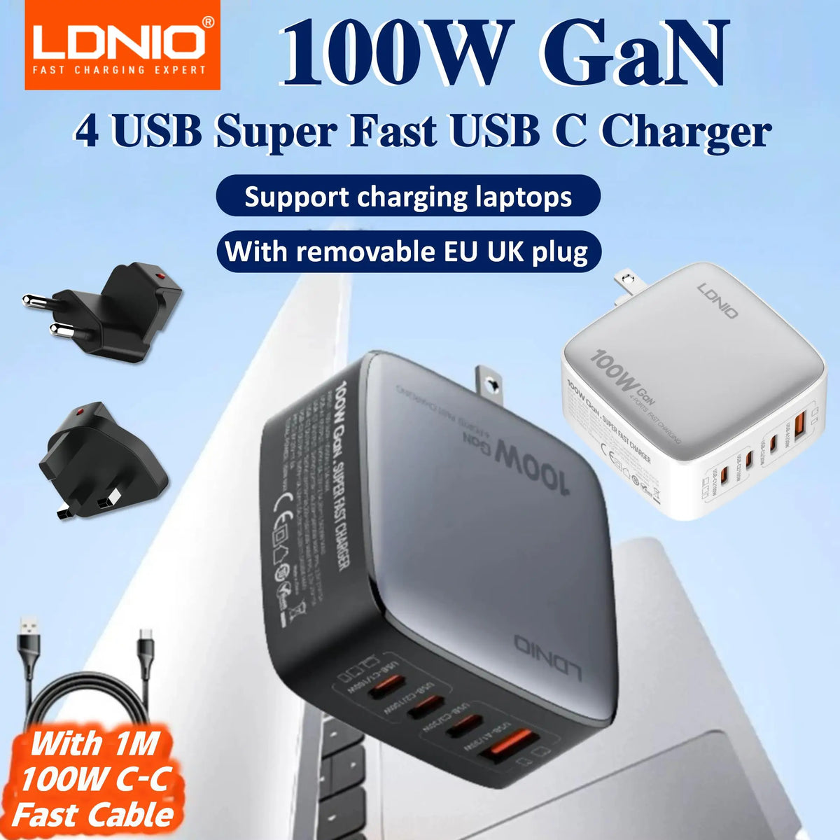 LDNIO 100W GaN USB C Charger Block Multi port Type C Travel Adapter Laptop Wall Charger For MacBook iPad iPhone US EU UK Plug