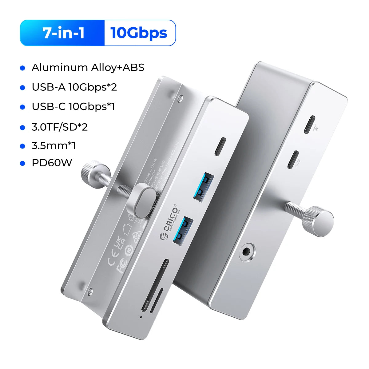 ORICO Aluminum 8 in 1 USB Clip Hub Support External Power Supply for High Speed 10GBPS Data Transmission on MAC OS PC