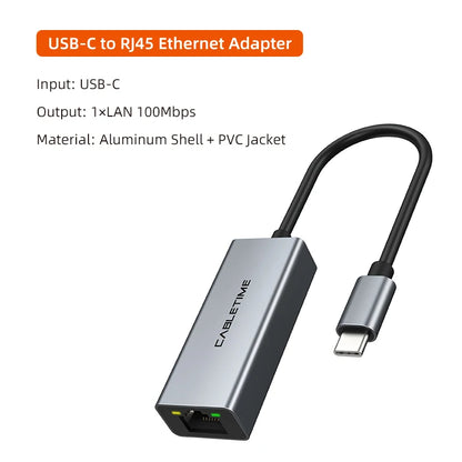 CABLETIME USB C Ethernet Adapter 100Mbps Network Card USB C to RJ45 Lan Cable for Laptop PC Xiaomi Mi Box USB C Hub