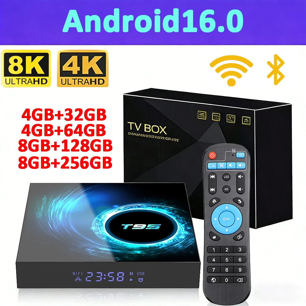 New T95 Android16 Smart Home Theater TV Box Allwinner H616 8GB RAM 256GB ROM  BT 5.4 Netflix Google Ultra HD Smart Media Player