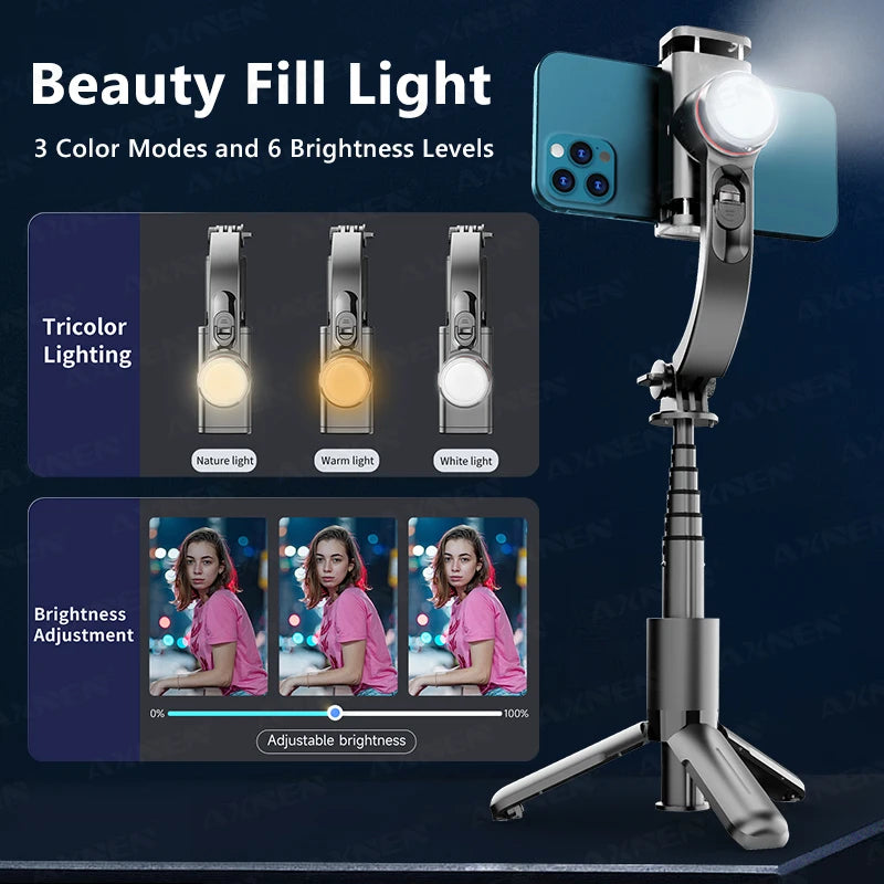 AXNEN Handheld Selfie Stick Gimbal Stabilizer for iPhone Android Smartphone Anti-shake Video Record  Tripod  with Fill Light App