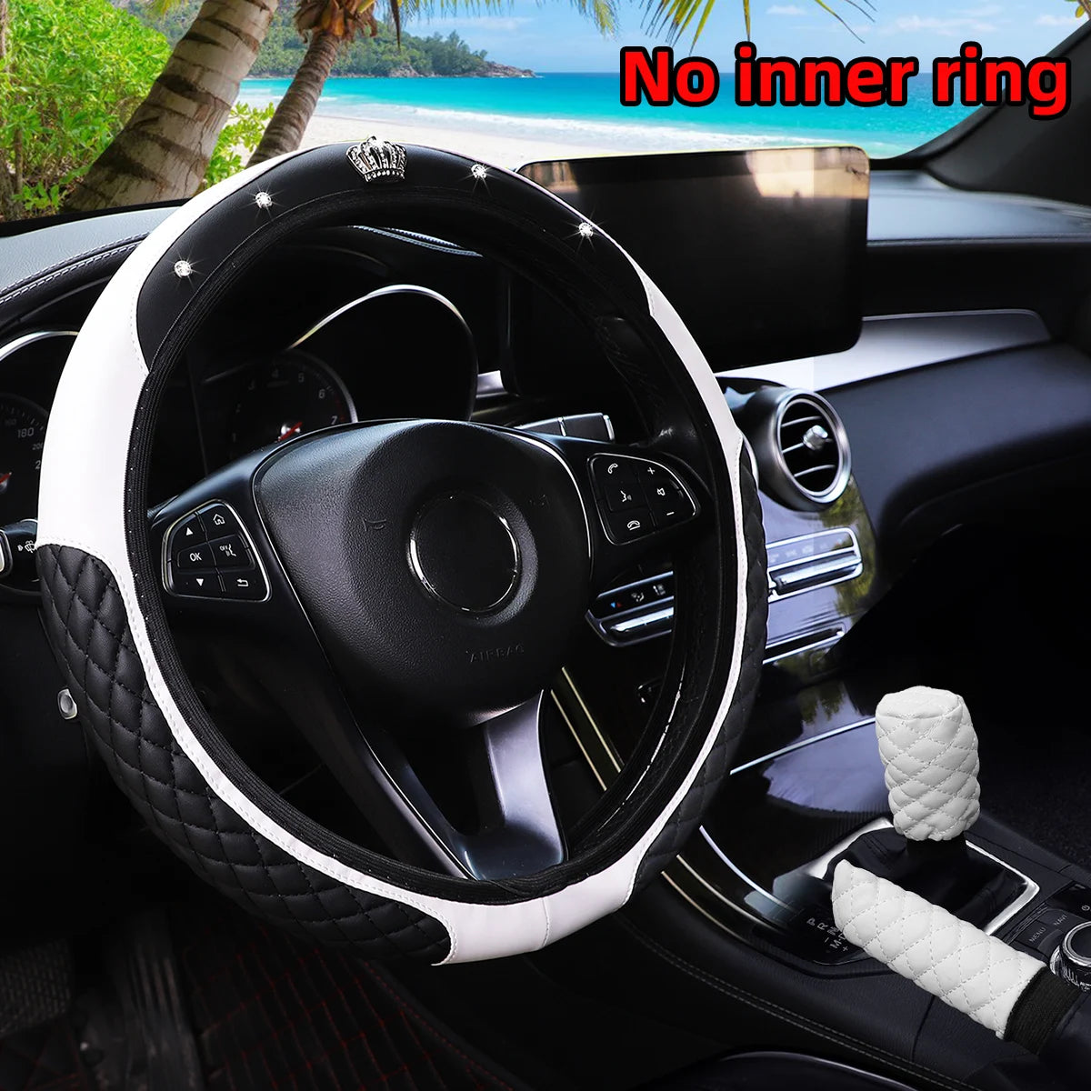3Pcs PU Leather Crown Diamond Inlays Steering Wheel Cover Gear Shift Cover Handbrake Cover for Cars without Inner Ring