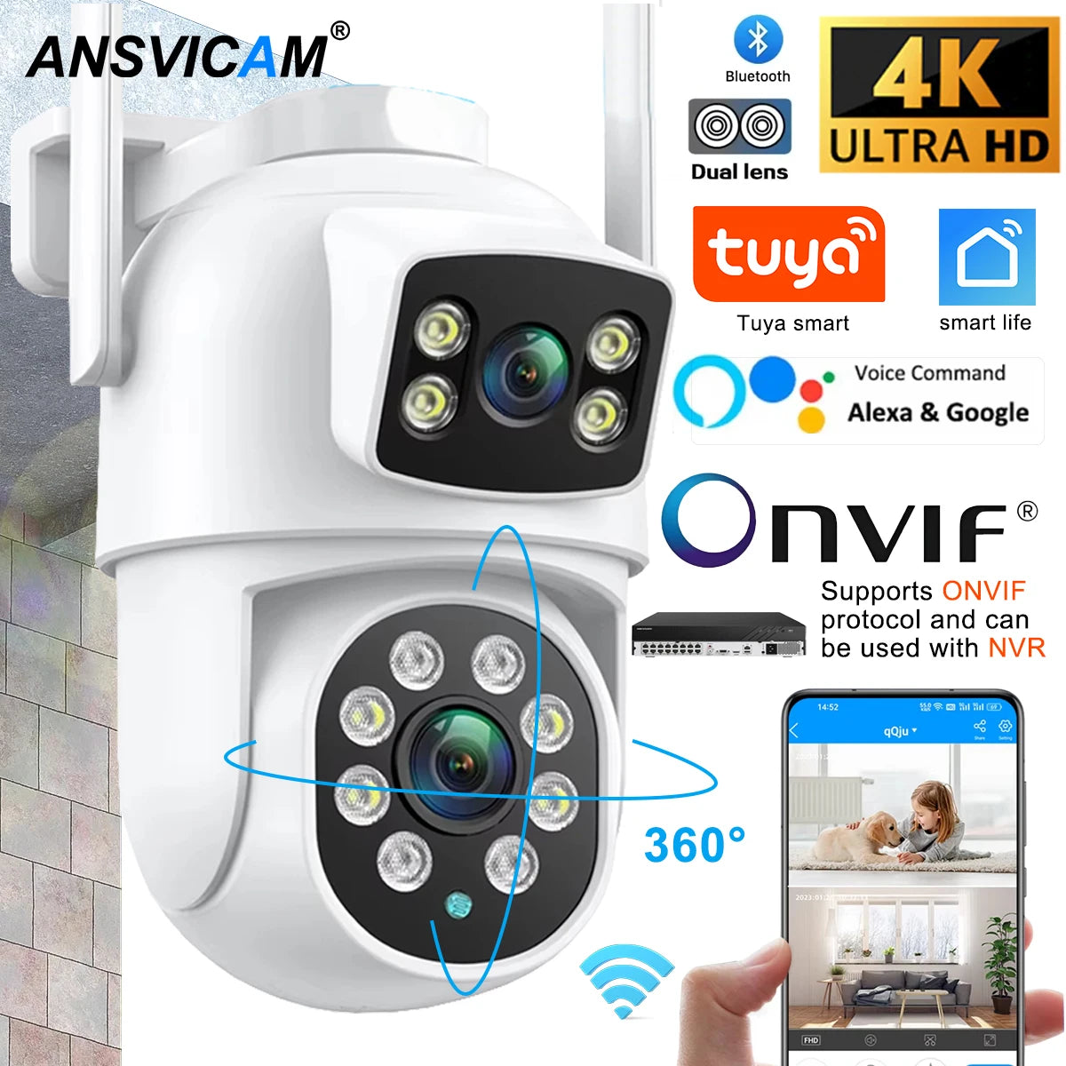 ANSVICAM Tuya Wifi IP Camera 8K with Alexa Google Onvif NVR Dual Lens Camera PTZ Outdoor 4K Dual Screen Auto Tracking Night Mod