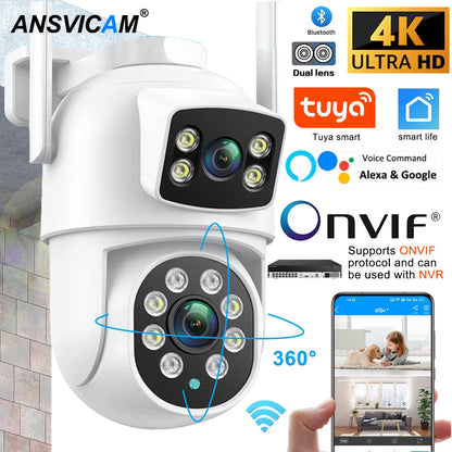 ANSVICAM Tuya Wifi IP Camera 8K with Alexa Google Onvif NVR Dual Lens Camera PTZ Outdoor 4K Dual Screen Auto Tracking Night Mod