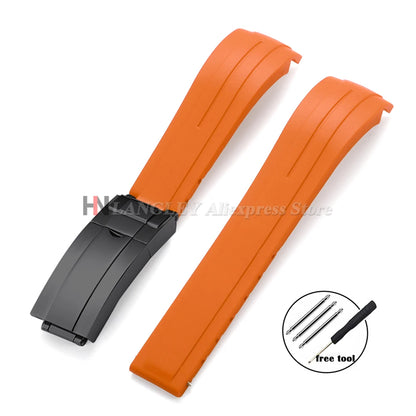 Curved Rubber Watch Bracelet 20mm 21mm 22mm for Rolex Green Water Ghost for Oysterflex Waterproof Silicone Folding Buckle Straps