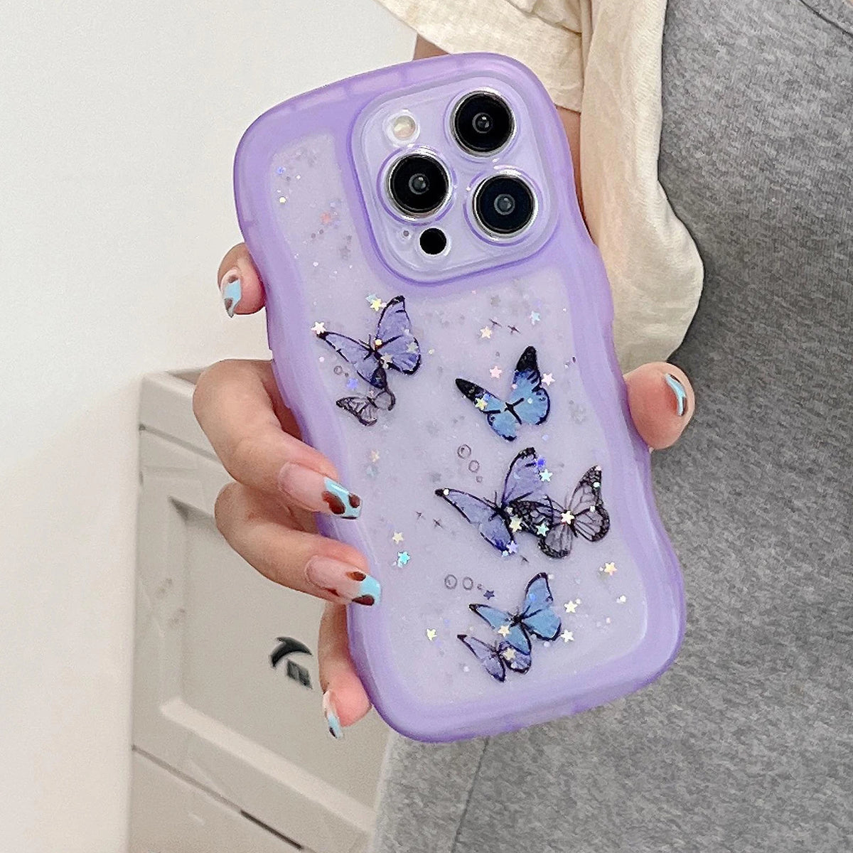 Luxury Glitter Starry Sky Butterfly Resin Irregular Wavy Edge Phone Case for iPhone 11 12 13 14 15 16 17 Pro Max + Plus