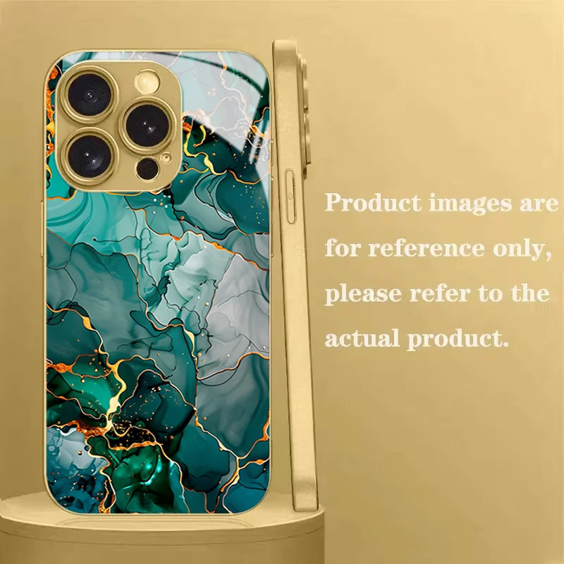 Green Gold Dali Texture Tempered Glass Phone Case For iPhone 17 Pro Max 14 15 16 Plus 11 12 13 Pro Max 16E 17Air Protect Cover
