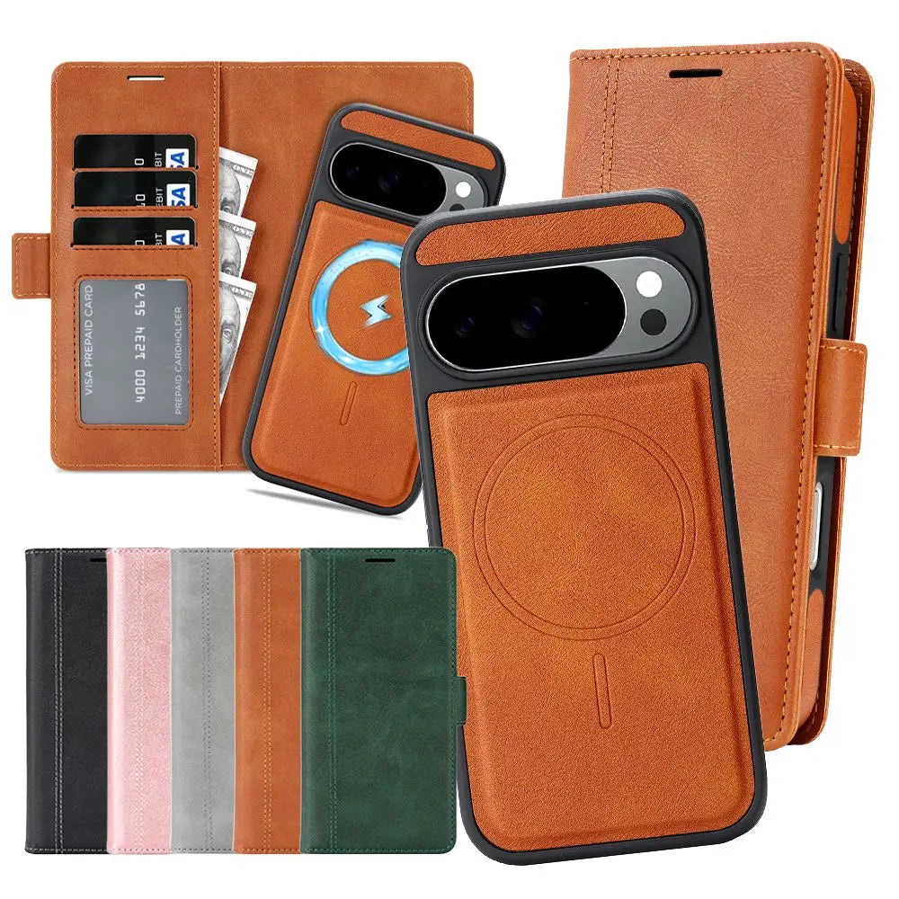 2 In 1 Leather Case For Google Pixel 9 9a 9Pro 10 Pro 10Pro XL Cash Card Slots Wireless Charging Magnetic Wallet Phone Cover