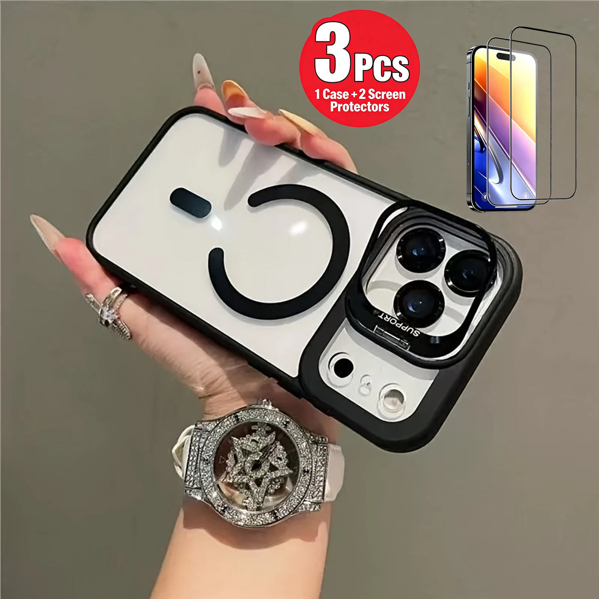 3 Pieces Set: 1 Magnetic Wireless Charging Compatible Case with Foldable Camera Bracket, Shockproof + 2 HD Anti-fingerprint Anti-scratch Tempered Glass Screen Protectors for iPhone 17 16 15 14 13 12 11 Pro Max, Ideal Mobile P